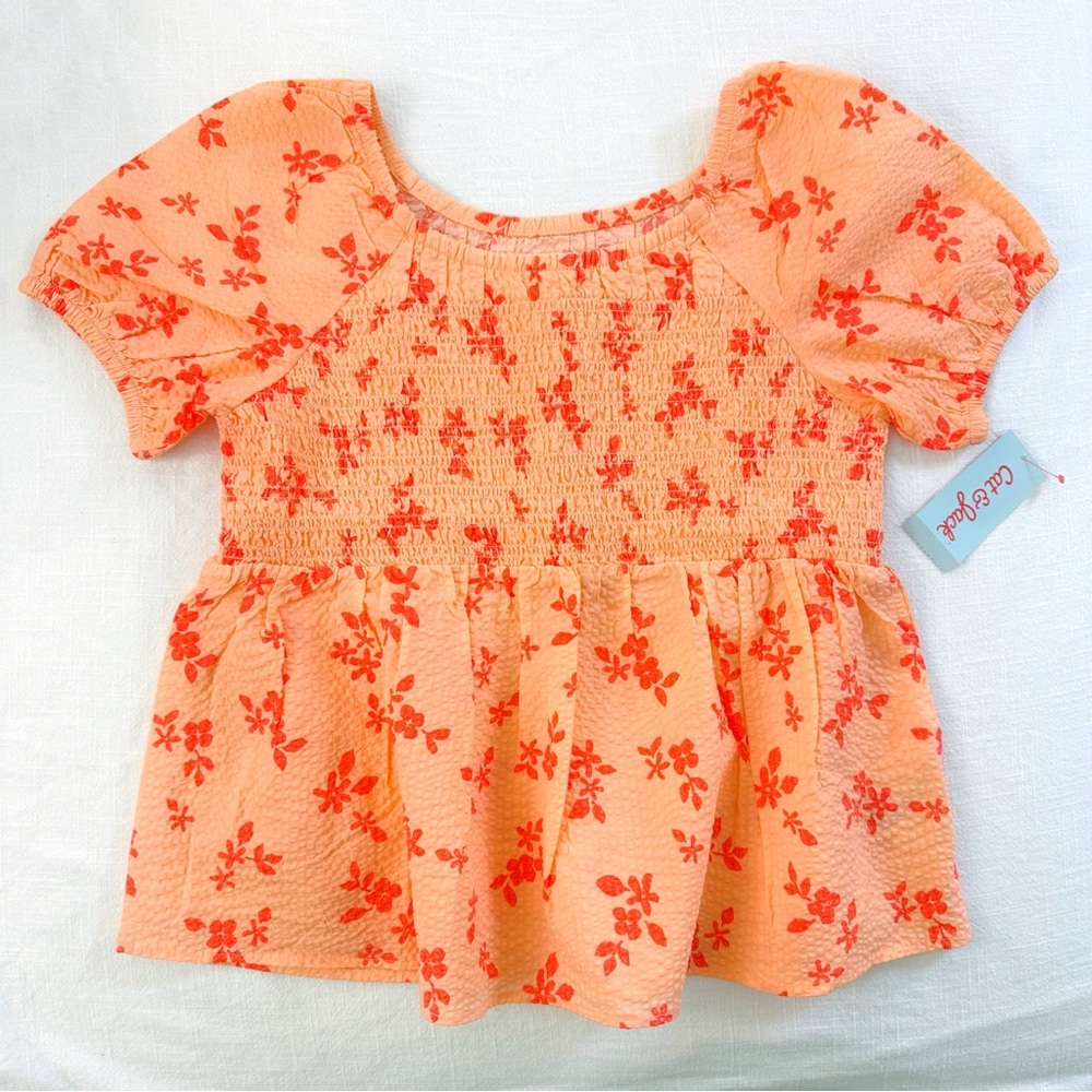 Cat & Jack Peach Floral Woven Top Girls XLarge Short Sleeve Smocked Bodice